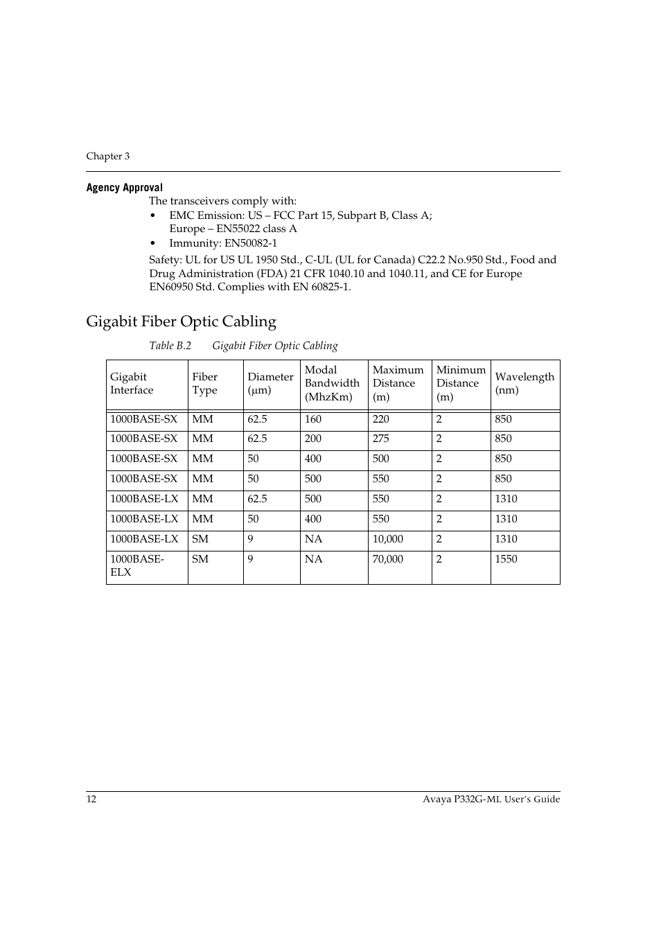 Agency approval, Gigabit fiber optic cabling | Avaya P332G-ML User Manual | Page 26 / 150