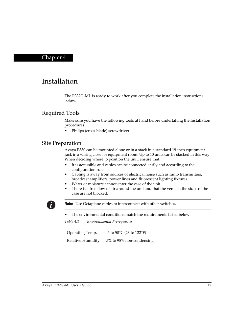 Installation, Required tools, Site preparation | Chapter 4, Installation required tools site preparation | Avaya P332G-ML User Manual | Page 31 / 150