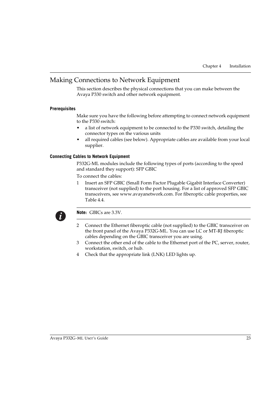 Making connections to network equipment, Prerequisites, Connecting cables to network equipment | Avaya P332G-ML User Manual | Page 37 / 150