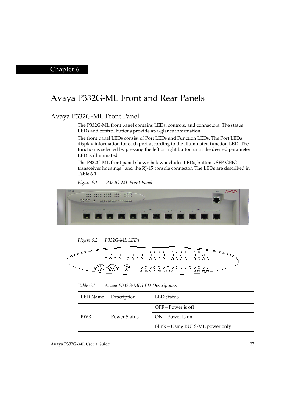 Avaya p332g-ml front and rear panels, Avaya p332g-ml front panel, Chapter 6 | Avaya P332G-ML User Manual | Page 41 / 150