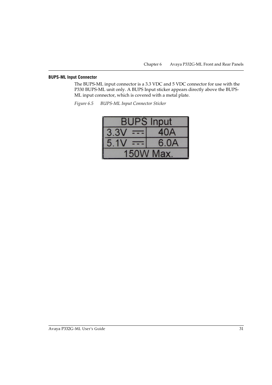 Bups-ml input connector | Avaya P332G-ML User Manual | Page 45 / 150