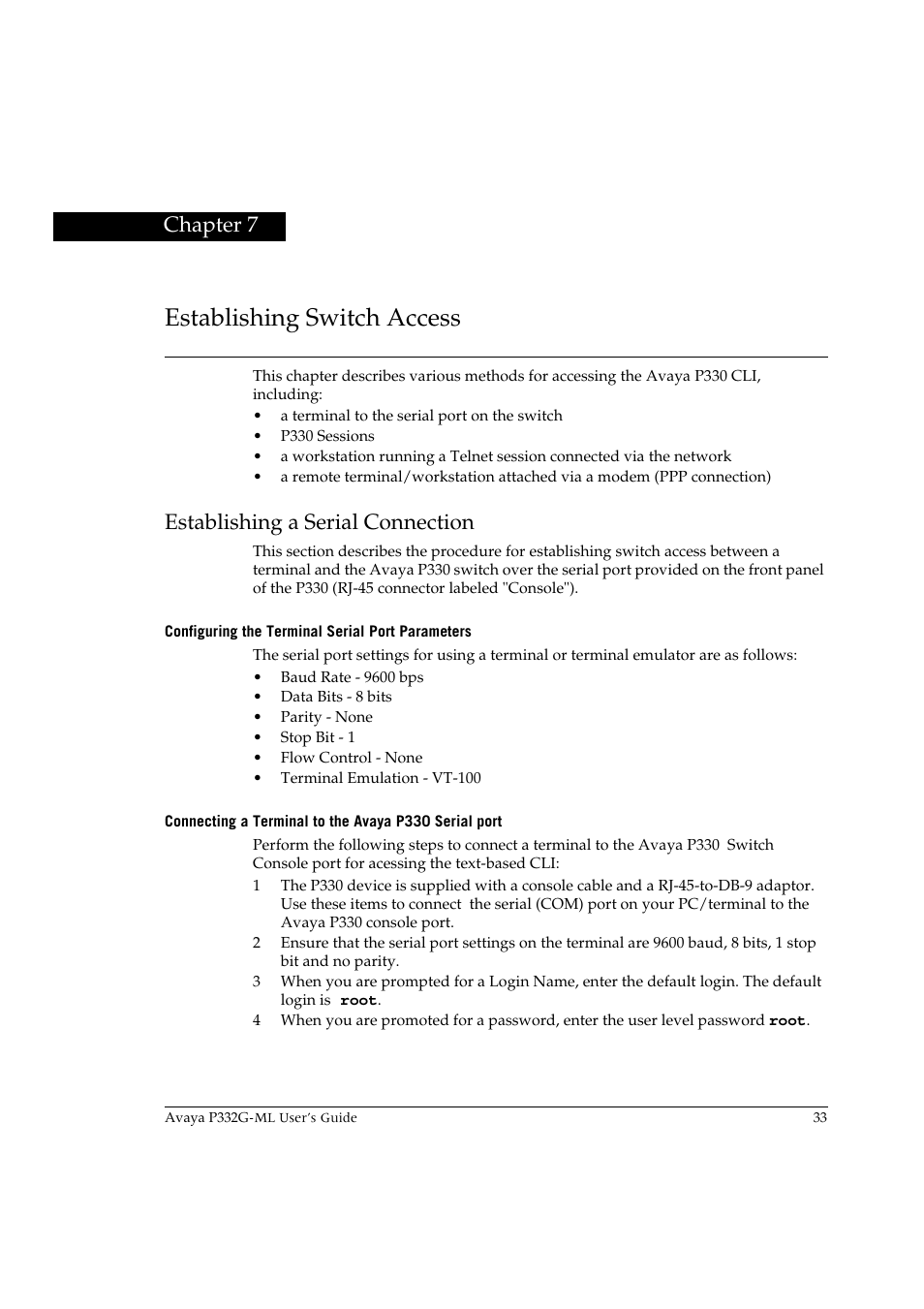 Establishing switch access, Establishing a serial connection, Configuring the terminal serial port parameters | Chapter 7 | Avaya P332G-ML User Manual | Page 47 / 150