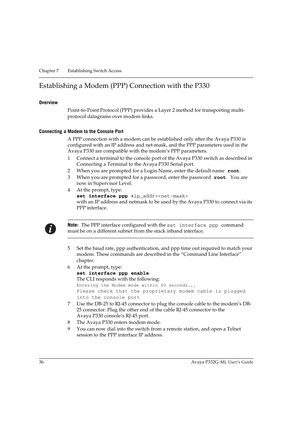 Overview, Connecting a modem to the console port, Overview connecting a modem to the console port | Avaya P332G-ML User Manual | Page 50 / 150