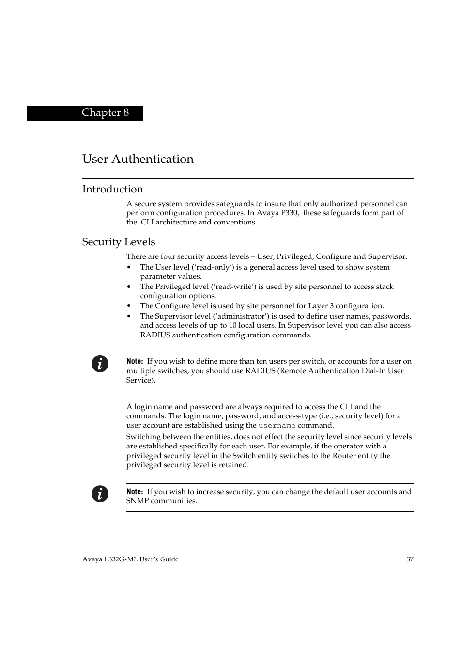 User authentication, Introduction, Security levels | Chapter 8, User authentication introduction security levels | Avaya P332G-ML User Manual | Page 51 / 150