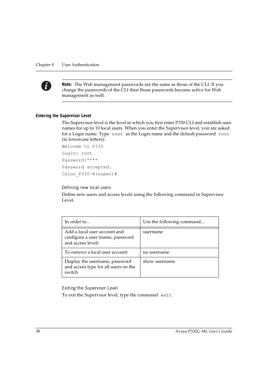 Entering the supervisor level, Defining new local users, Exiting the supervisor level | Avaya P332G-ML User Manual | Page 52 / 150