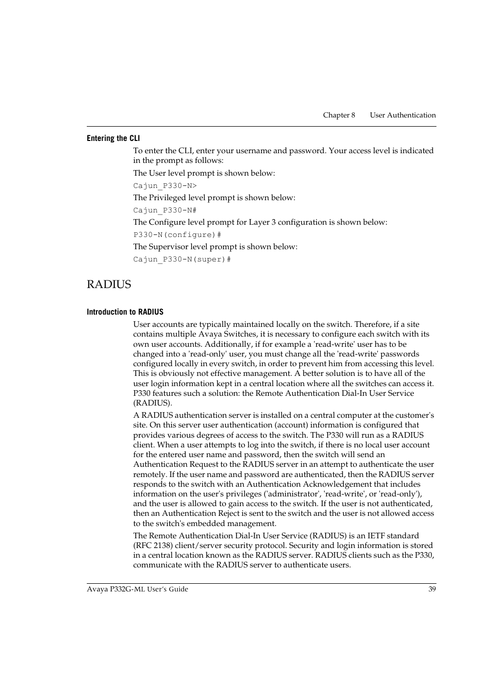 Entering the cli, Radius, Introduction to radius | Avaya P332G-ML User Manual | Page 53 / 150