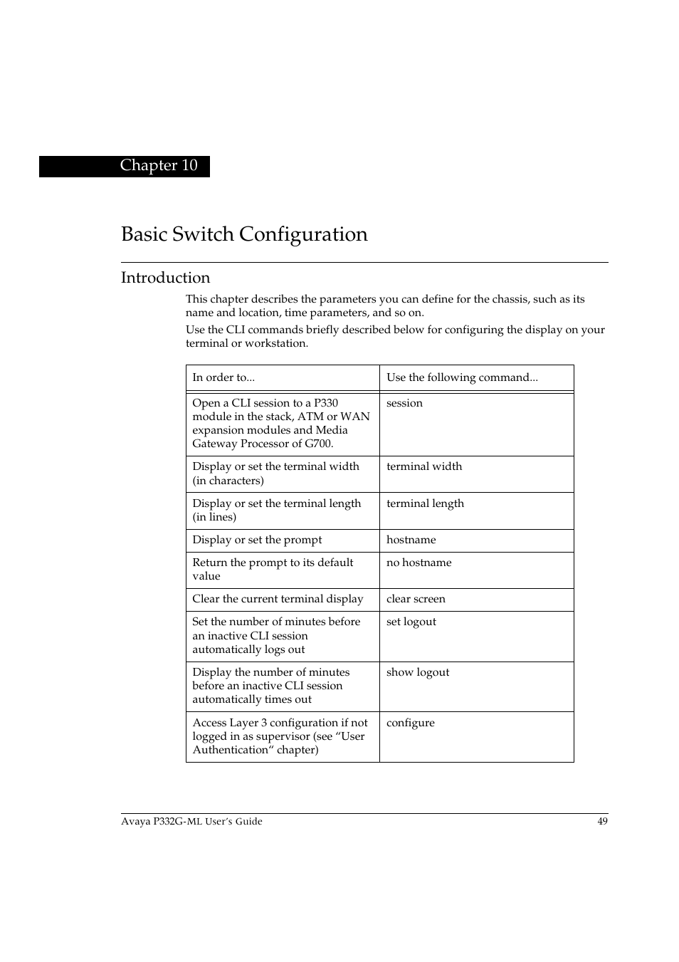 Basic switch configuration, Introduction, Chapter 10 basic switch configuration | Chapter 10 | Avaya P332G-ML User Manual | Page 63 / 150