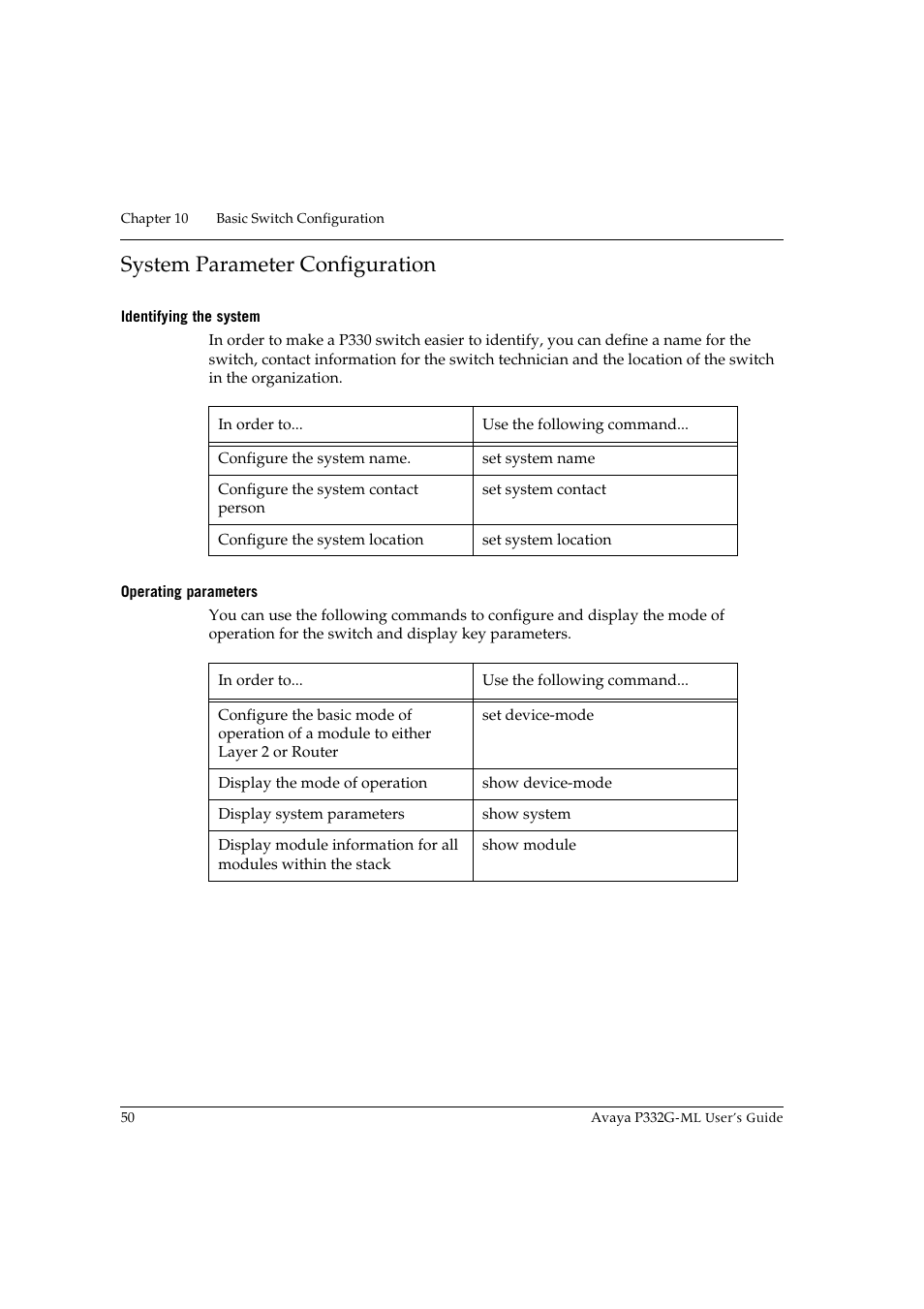 System parameter configuration, Identifying the system, Operating parameters | Identifying the system operating parameters | Avaya P332G-ML User Manual | Page 64 / 150