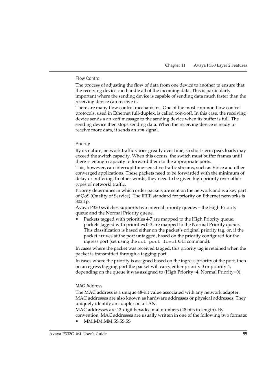 Flow control, Priority, Mac address | Flow control priority | Avaya P332G-ML User Manual | Page 69 / 150