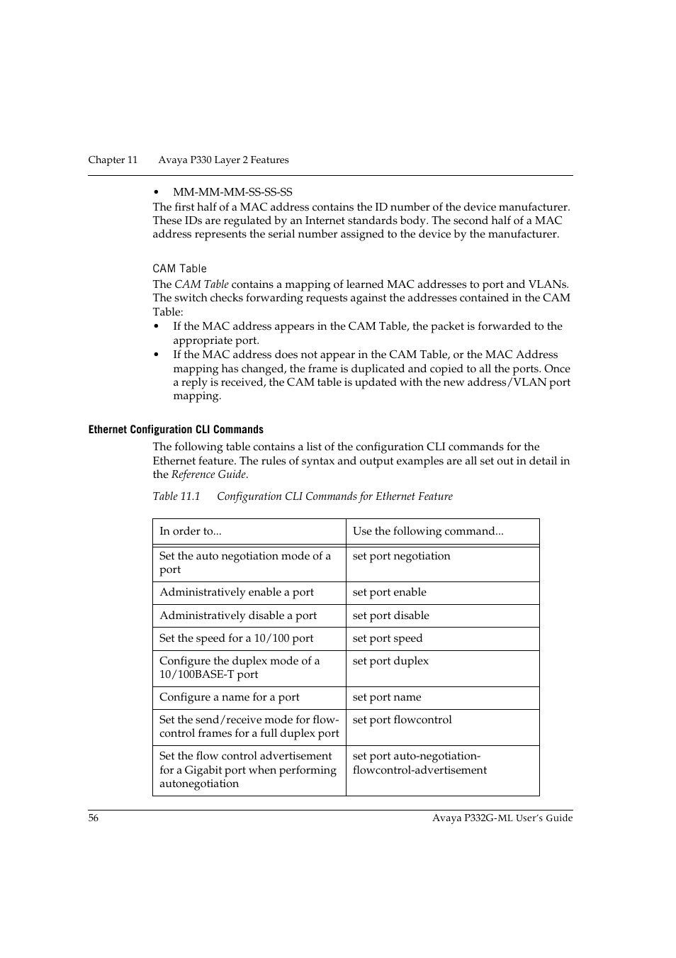 Cam table, Ethernet configuration cli commands | Avaya P332G-ML User Manual | Page 70 / 150
