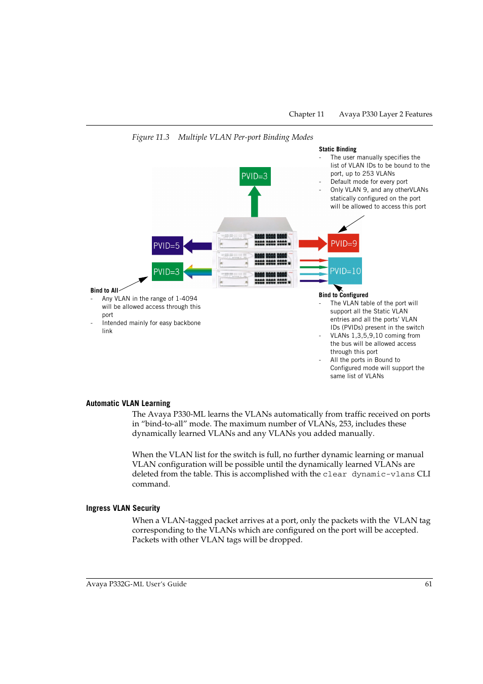 Automatic vlan learning, Ingress vlan security, Automatic vlan learning ingress vlan security | Avaya P332G-ML User Manual | Page 75 / 150