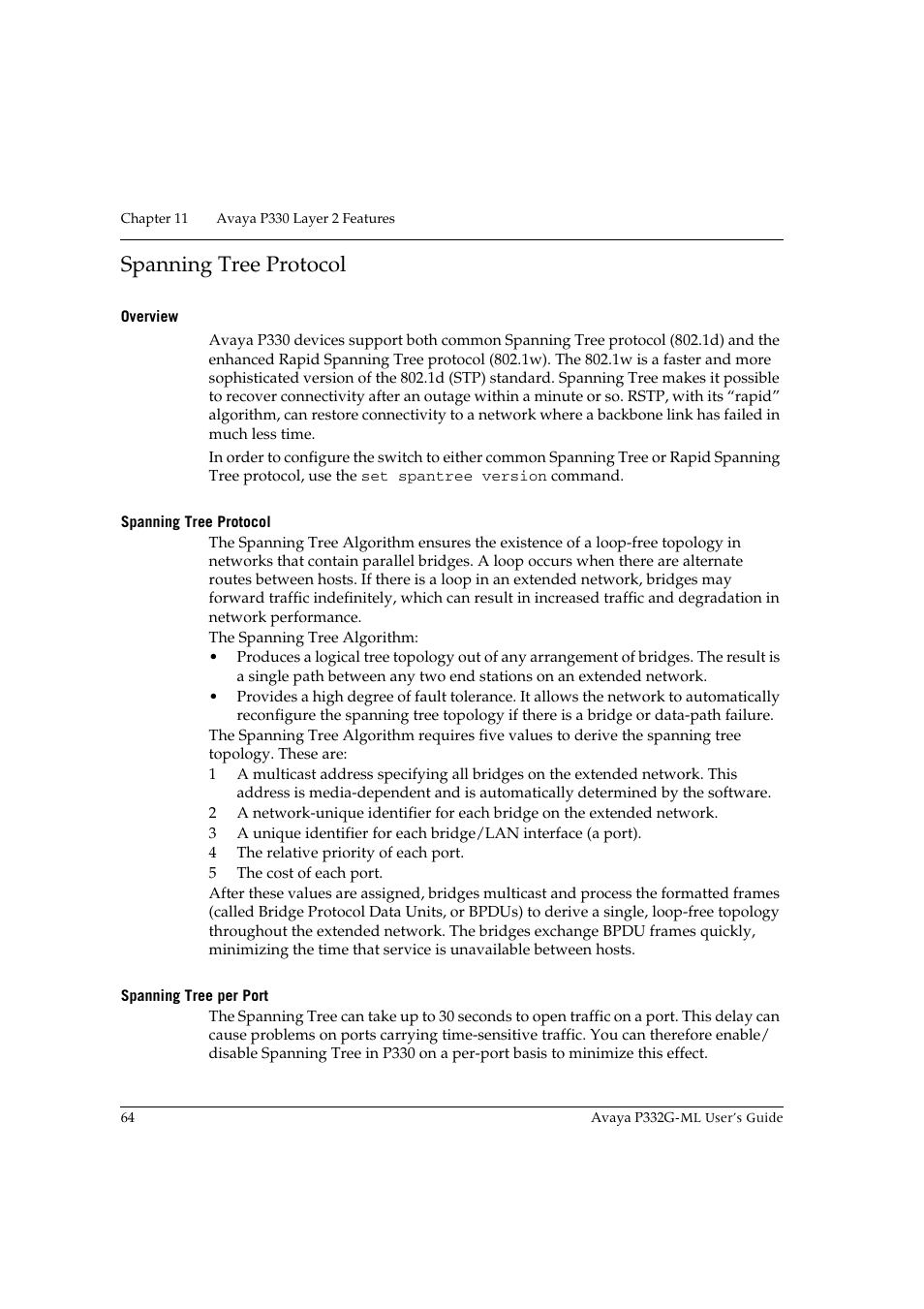 Spanning tree protocol, Overview, Spanning tree per port | Avaya P332G-ML User Manual | Page 78 / 150