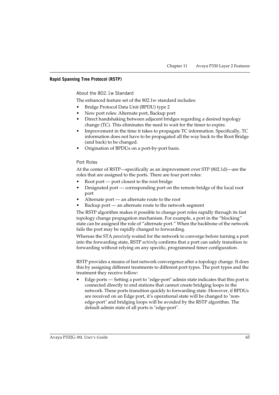 Rapid spanning tree protocol (rstp), About the 802.1w standard, Port roles | About the 802.1w standard port roles | Avaya P332G-ML User Manual | Page 79 / 150
