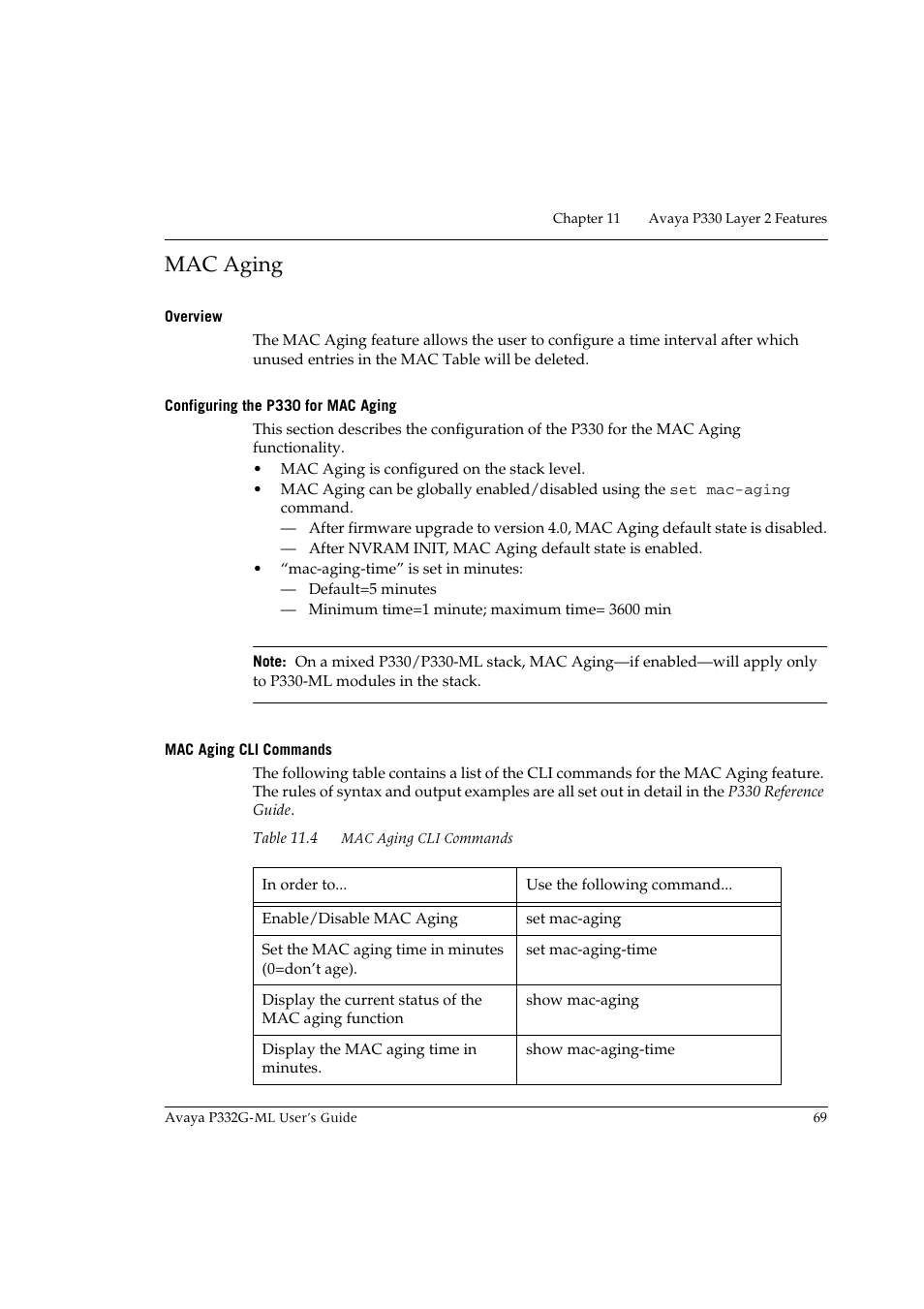 Mac aging, Overview, Configuring the p330 for mac aging | Mac aging cli commands | Avaya P332G-ML User Manual | Page 83 / 150