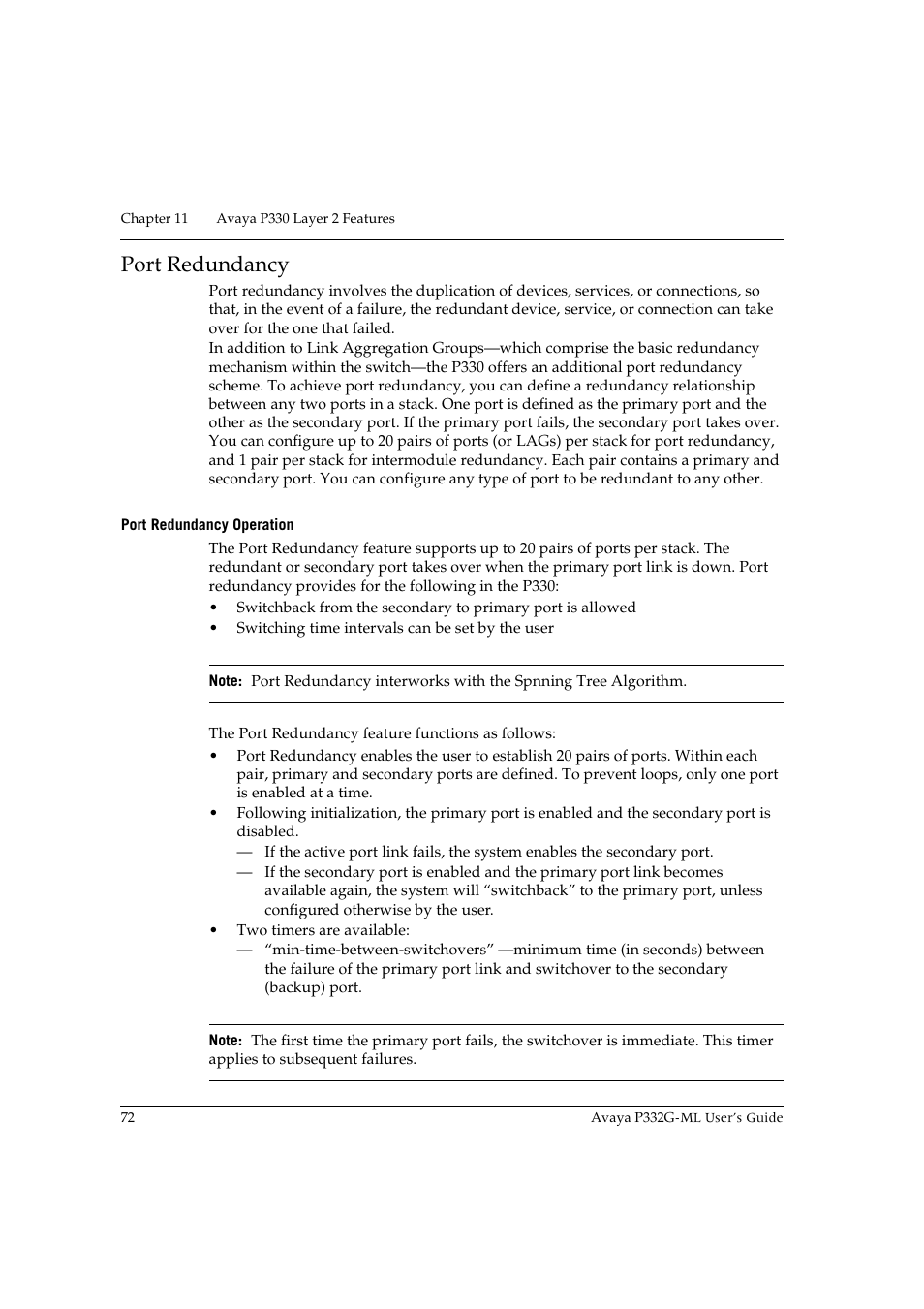 Port redundancy, Port redundancy operation | Avaya P332G-ML User Manual | Page 86 / 150