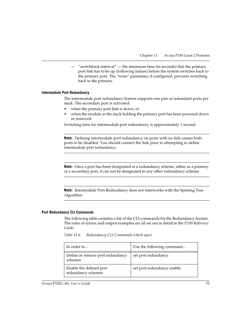 Intermodule port redundancy, Port redundancy cli commands | Avaya P332G-ML User Manual | Page 87 / 150