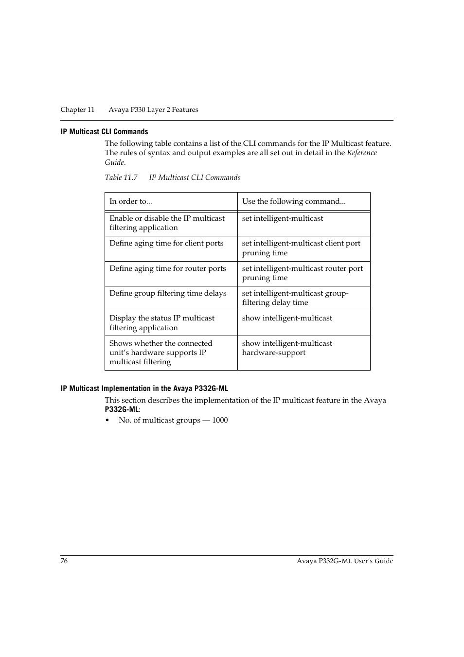 Ip multicast cli commands, Ip multicast implementation in the avaya p332g-ml | Avaya P332G-ML User Manual | Page 90 / 150