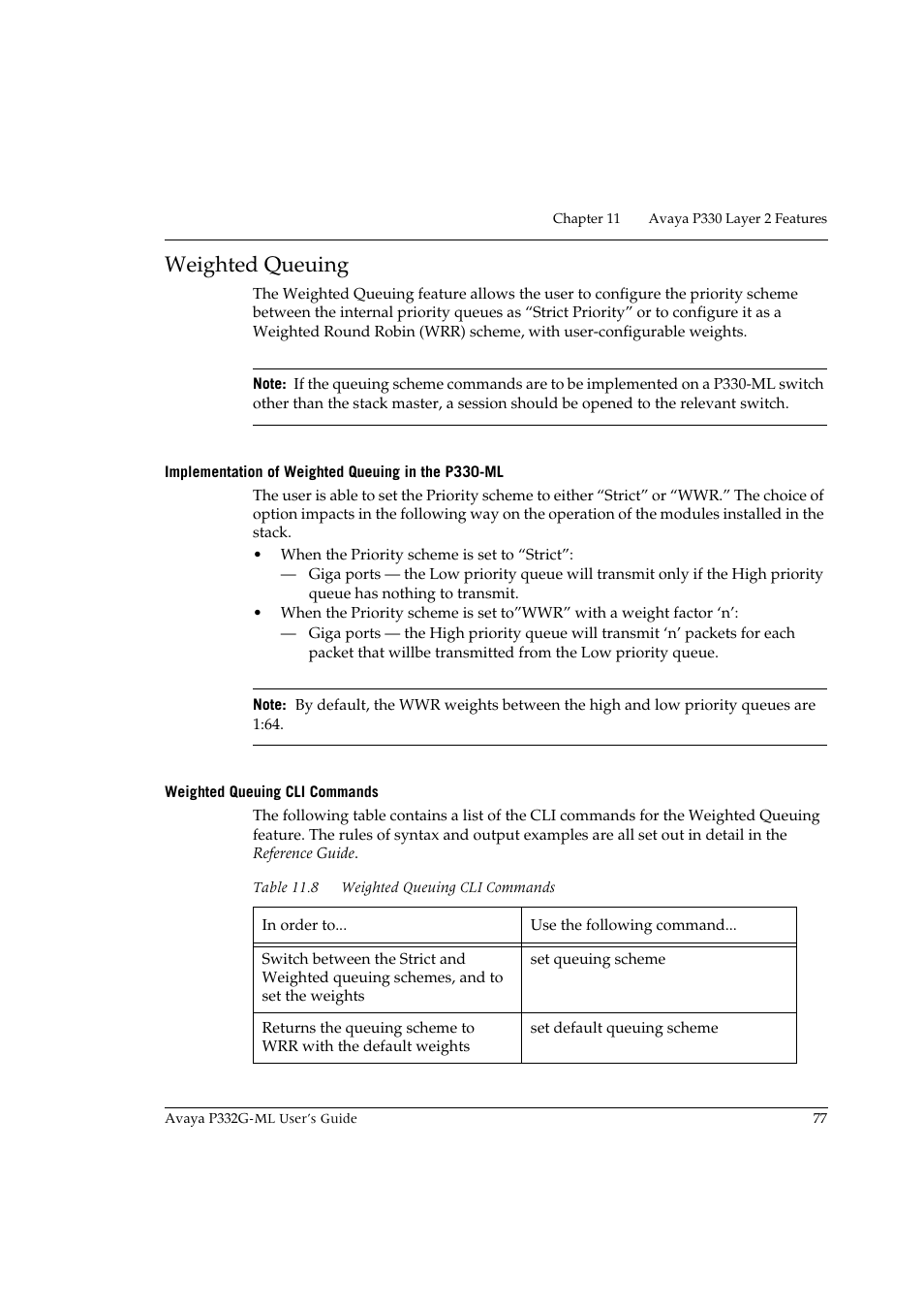 Weighted queuing, Implementation of weighted queuing in the p330-ml, Weighted queuing cli commands | Avaya P332G-ML User Manual | Page 91 / 150