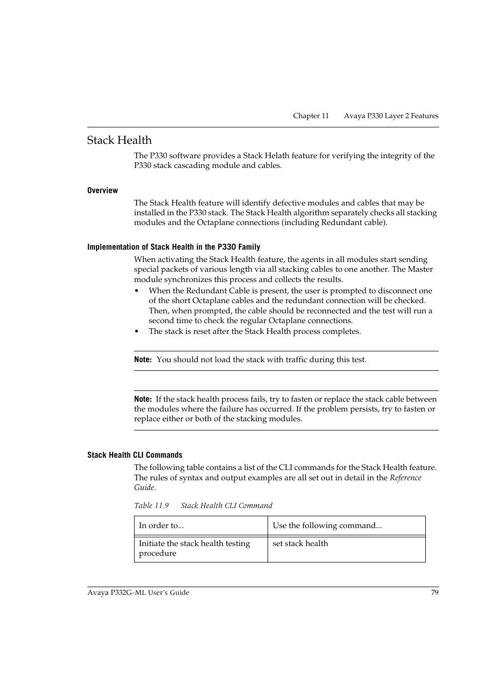 Stack health, Overview, Implementation of stack health in the p330 family | Stack health cli commands | Avaya P332G-ML User Manual | Page 93 / 150