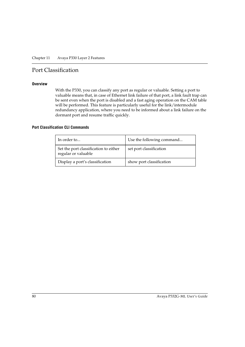 Port classification, Overview, Port classification cli commands | Overview port classification cli commands | Avaya P332G-ML User Manual | Page 94 / 150