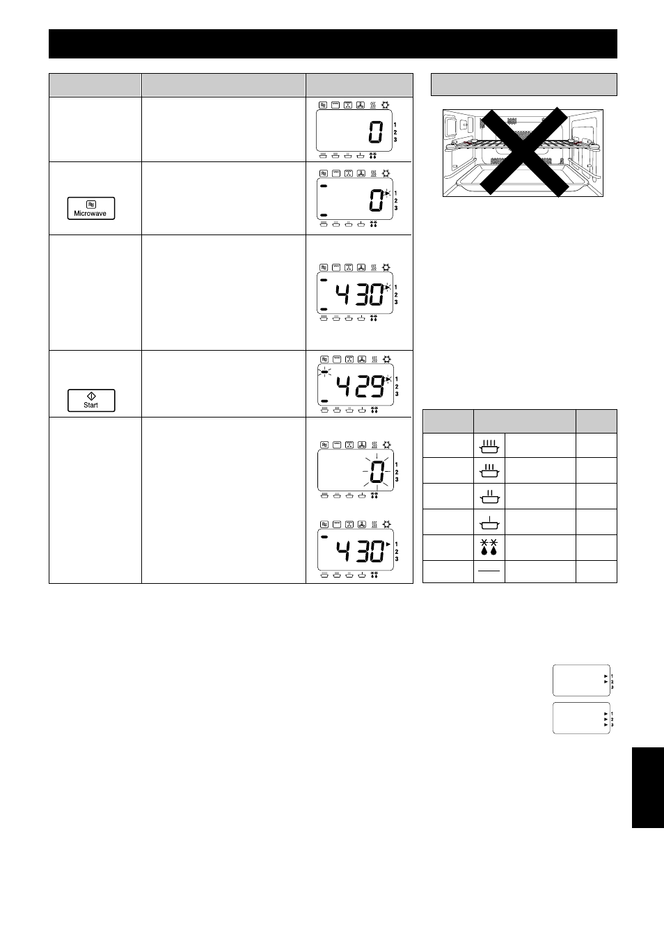 Bruk av funksjonen “microwave (mikrobølger), Informasjon handling skjerm aktuelt tilbehør, Flertrinns (sekvens) oppvarming | Varme overflater, Repeteringsfunksjon | Panasonic NEC1475 User Manual | Page 235 / 284