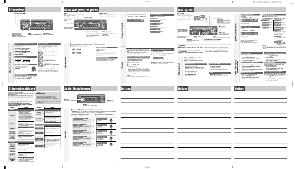 Allgemeines, Störungsbeseitigung, Radio (am [mw]/fm [ukw]) | Disc-spieler, Audio-einstellungen, Notizen, Warnung, Allgemeine bedienungsvorgänge, Bedienungsablauf, Spieler -signalquellenanzeige | Panasonic CQC1315N User Manual | Page 2 / 6