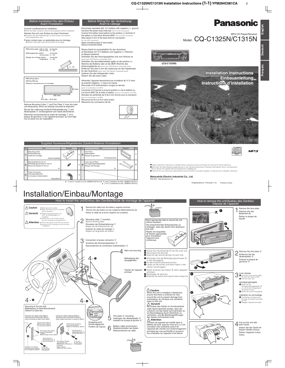 Installation/einbau/montage | Panasonic CQC1315N User Manual | Page 3 / 6