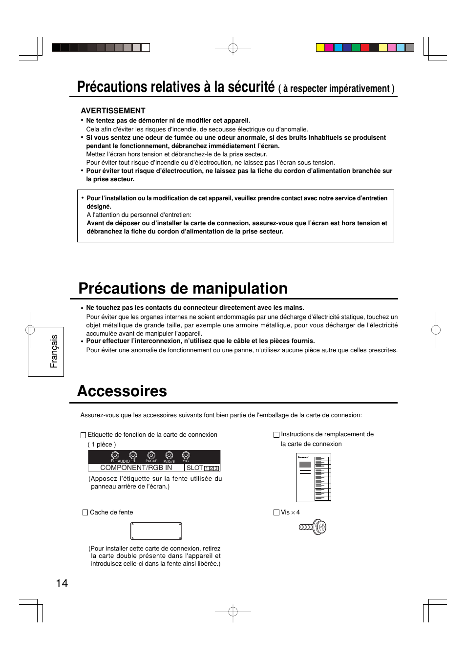 Précautions relatives à la sécurité, Accessoires, Précautions de manipulation | À respecter impérativement ), Fran ç ais | Panasonic TY42TM6Z User Manual | Page 14 / 24