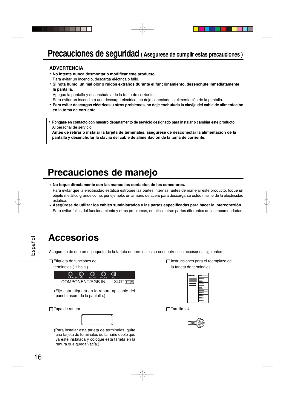 Precauciones de seguridad, Accesorios, Precauciones de manejo | Asegúrese de cumplir estas precauciones ), Espa ñ ol | Panasonic TY42TM6Z User Manual | Page 16 / 24