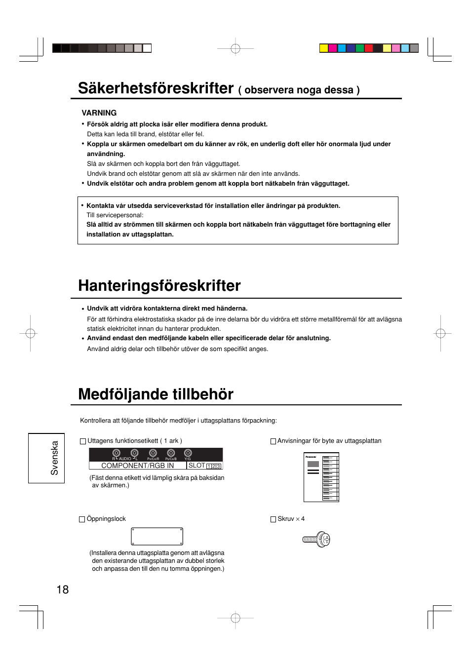 Säkerhetsföreskrifter, Medföljande tillbehör, Hanteringsföreskrifter | Observera noga dessa ), Svenska | Panasonic TY42TM6Z User Manual | Page 18 / 24