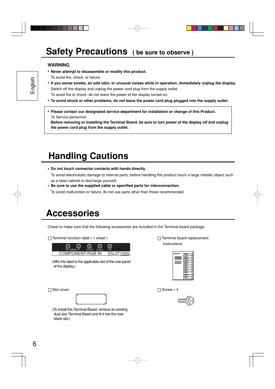 Safety precautions, Accessories, Handling cautions | Be sure to observe ), English | Panasonic TY42TM6Z User Manual | Page 6 / 24