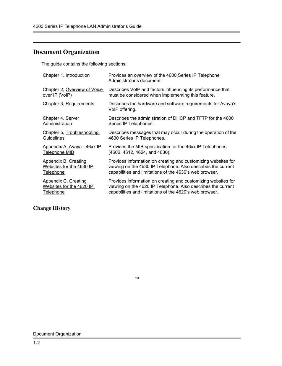 Document organization, Change history, Document organization -1 | Change history -2 | Avaya 4600 Series User Manual | Page 10 / 150