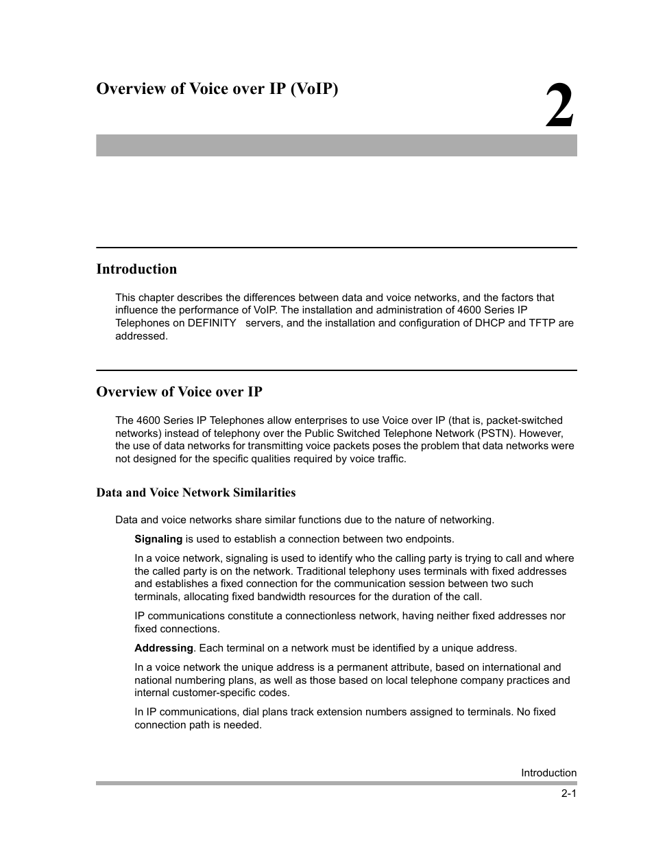 Overview of voice over ip (voip), Introduction, Overview of voice over ip | Data and voice network similarities, Introduction -1, Overview of voice over ip -1, Data and voice network similarities -1, Chapter 2, overview of voice over ip (voip) | Avaya 4600 Series User Manual | Page 17 / 150