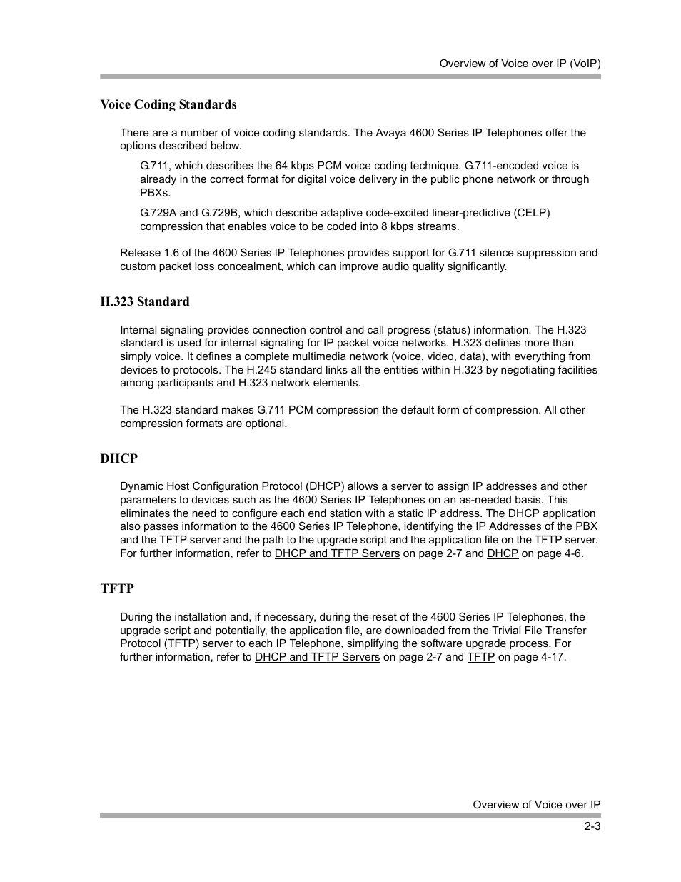 Voice coding standards, H.323 standard, Dhcp | Tftp, Voice coding standards -3, H.323 standard -3, Dhcp -3, Tftp -3 | Avaya 4600 Series User Manual | Page 19 / 150