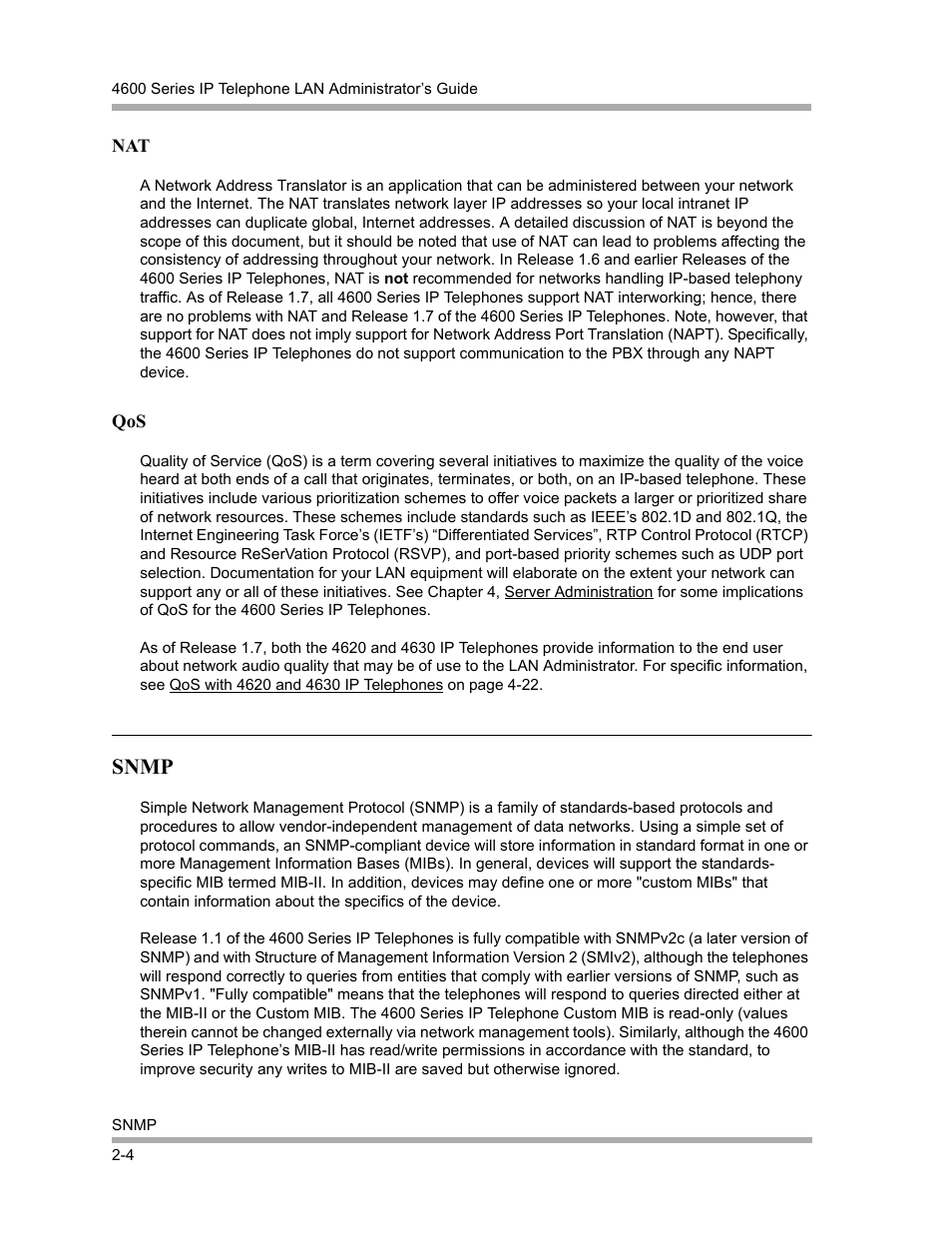 Snmp, Nat -4, Qos -4 | Snmp -4 | Avaya 4600 Series User Manual | Page 20 / 150