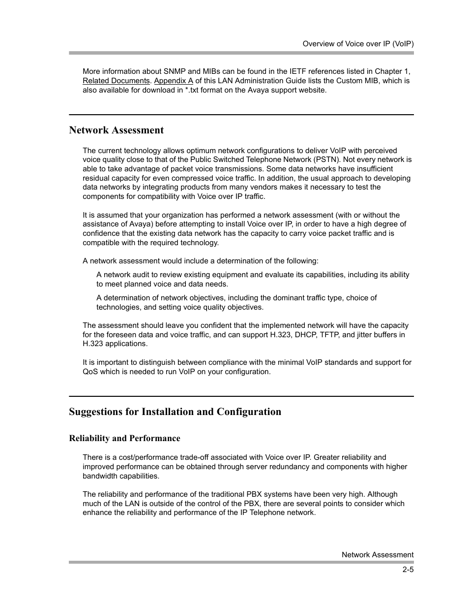 Network assessment, Suggestions for installation and configuration, Reliability and performance | Network assessment -5, Suggestions for installation and configuration -5, Reliability and performance -5 | Avaya 4600 Series User Manual | Page 21 / 150