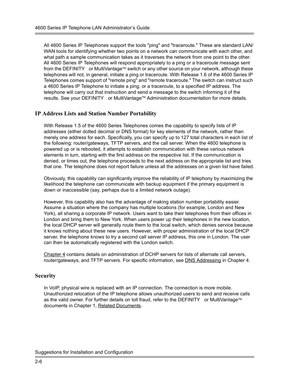 Ip address lists and station number portability, Security, Ip address lists and station number portability -6 | Security -6 | Avaya 4600 Series User Manual | Page 22 / 150