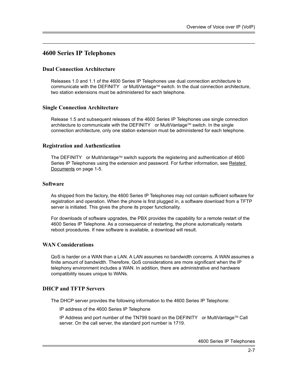 4600 series ip telephones, Dual connection architecture, Single connection architecture | Registration and authentication, Software, Wan considerations, Dhcp and tftp servers, 4600 series ip telephones -7, Dual connection architecture -7, Single connection architecture -7 | Avaya 4600 Series User Manual | Page 23 / 150