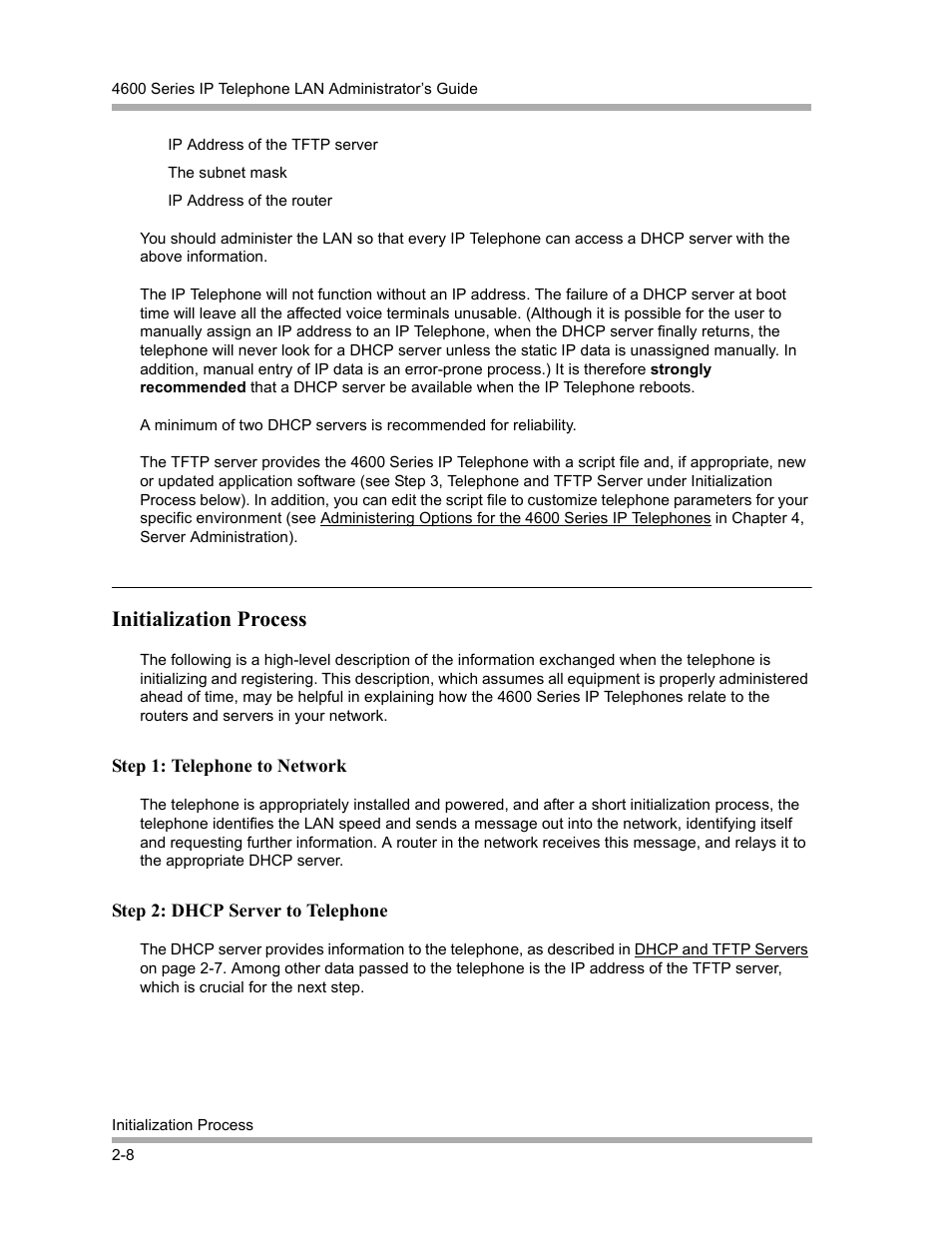 Initialization process, Step 1: telephone to network, Step 2: dhcp server to telephone | Initialization process -8, Step 1: telephone to network -8, Step 2: dhcp server to telephone -8 | Avaya 4600 Series User Manual | Page 24 / 150