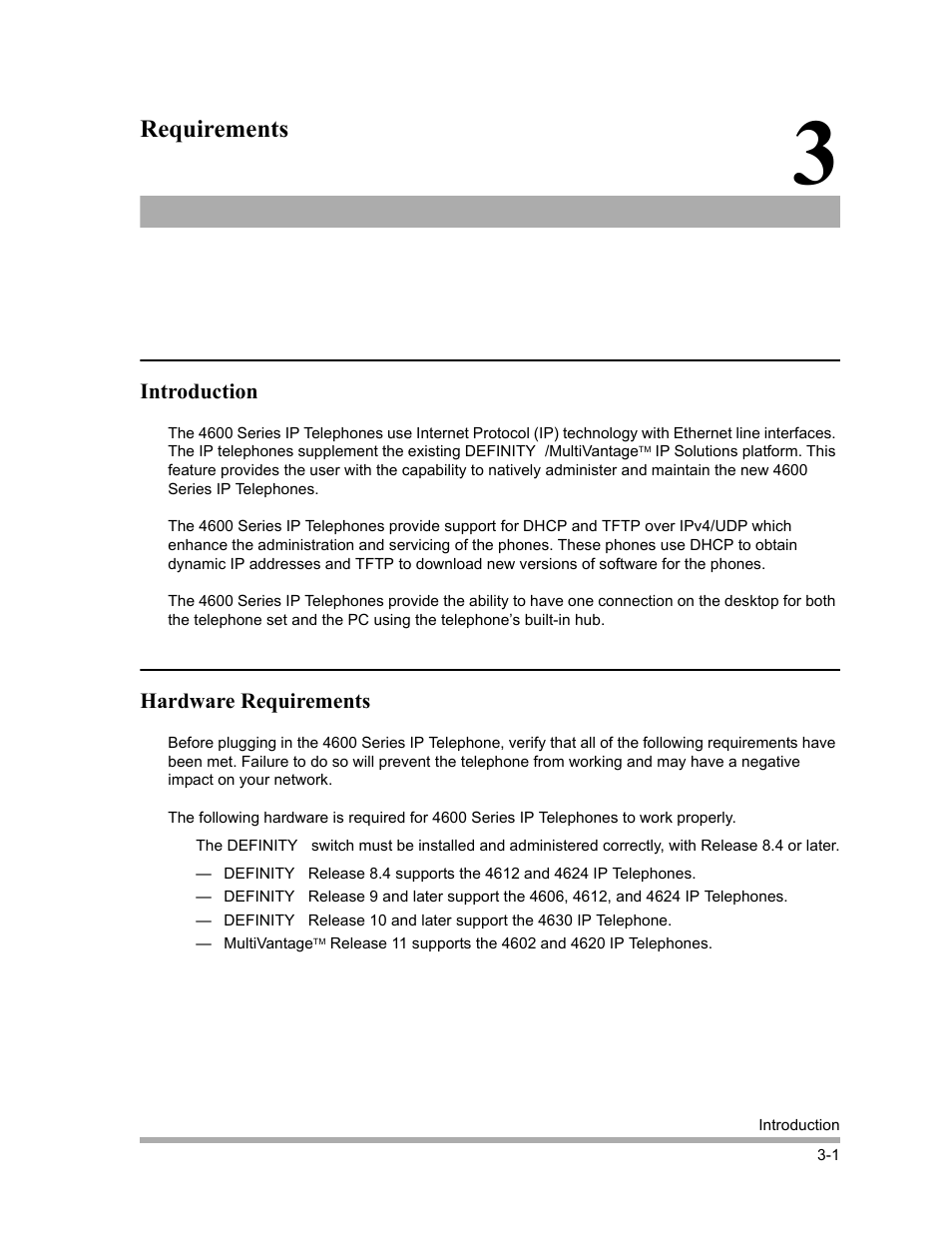 Requirements, Introduction, Hardware requirements | Introduction -1, Hardware requirements -1, Chapter 3, requirements | Avaya 4600 Series User Manual | Page 27 / 150