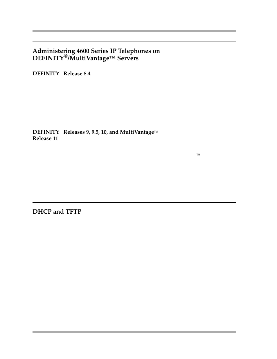 Definity® release 8.4, Dhcp and tftp, Definity | Dhcp and tftp -4, Ed in dhcp and tftp, Covered in dhcp and tftp, Multivantage™ servers | Avaya 4600 Series User Manual | Page 34 / 150