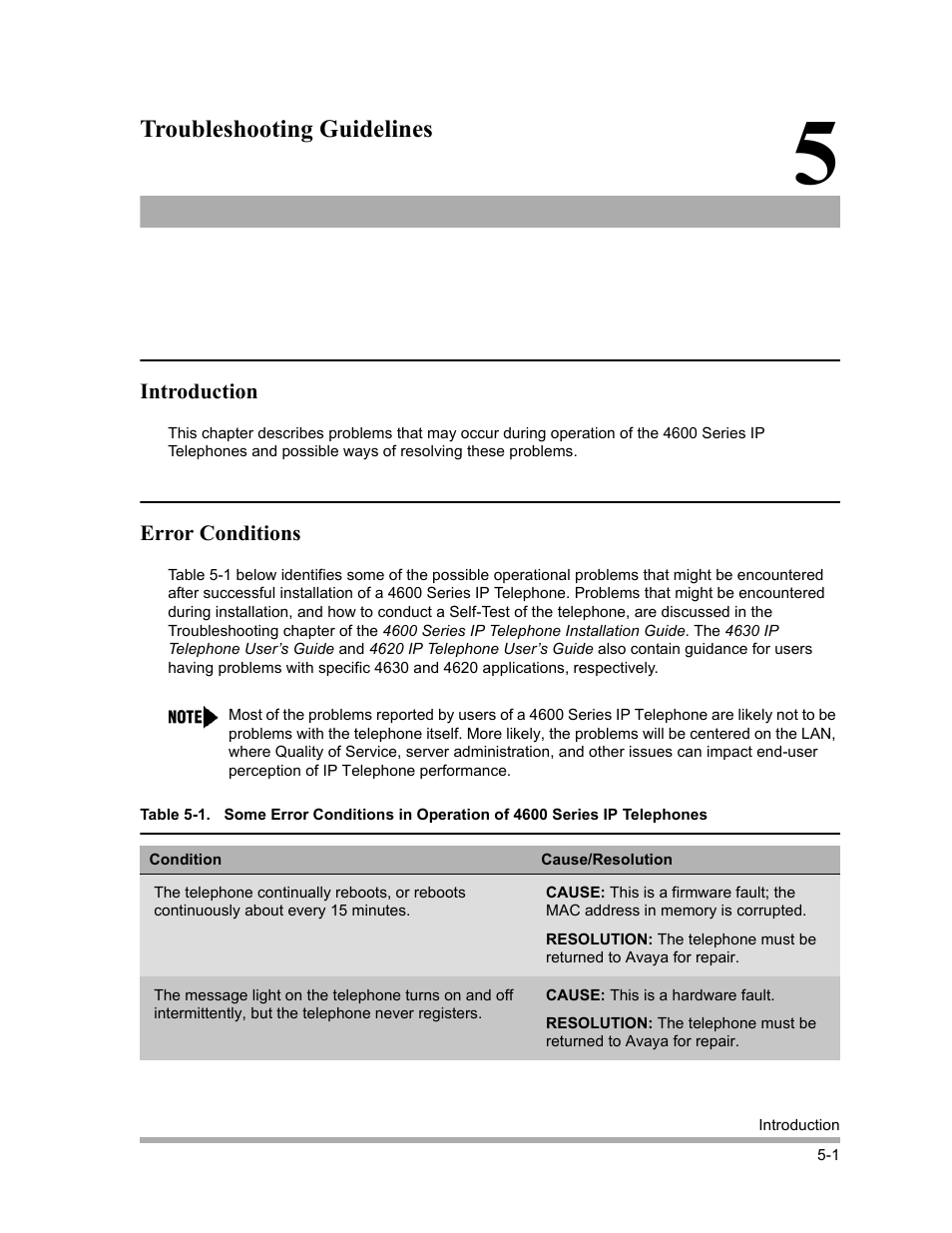 Troubleshooting guidelines, Introduction, Error conditions | Introduction -1, Error conditions -1, Chapter 5, troubleshooting guidelines, Chapter 5 | Avaya 4600 Series User Manual | Page 65 / 150