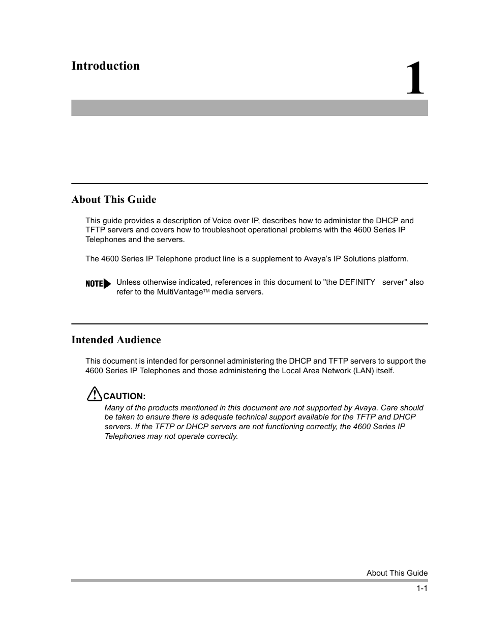 Introduction, About this guide, Intended audience | About this guide -1, Intended audience -1 | Avaya 4600 Series User Manual | Page 9 / 150