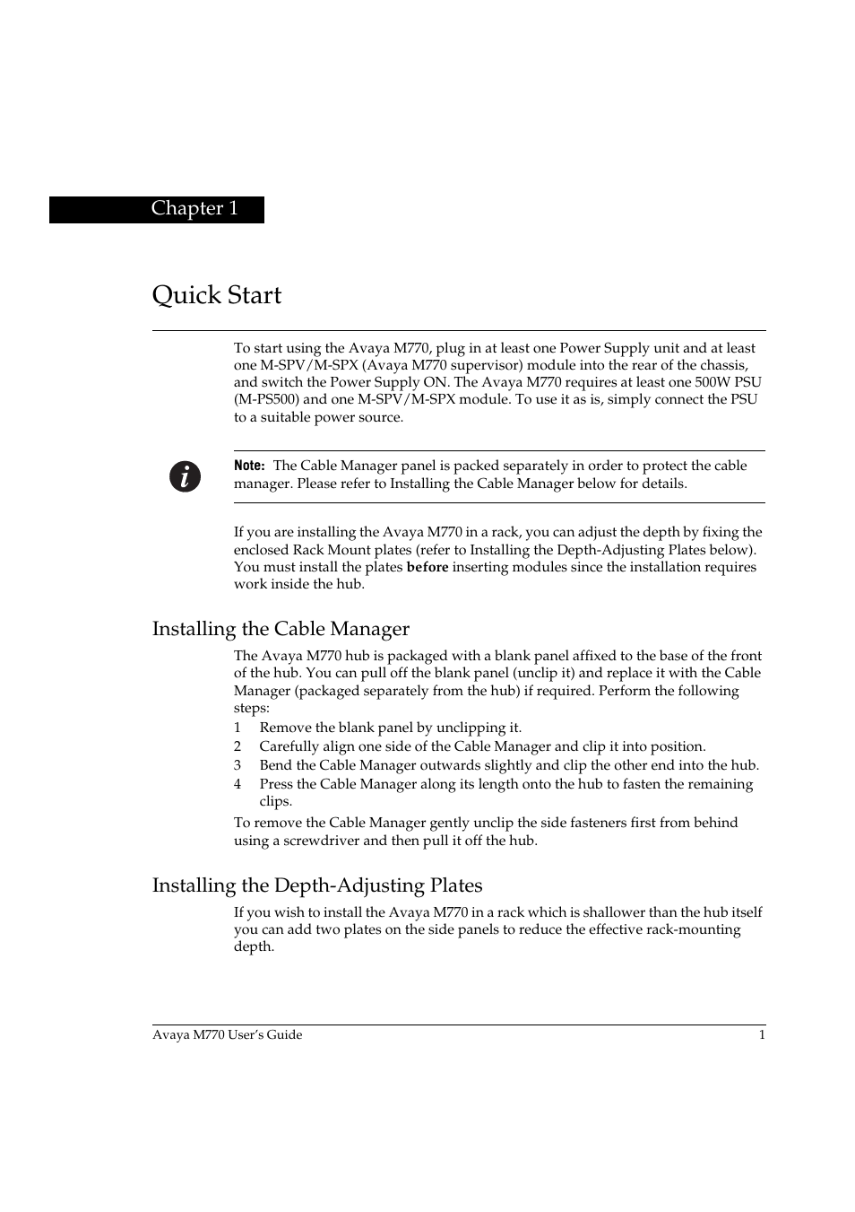 Quick start, Installing the cable manager, Installing the depth-adjusting plates | Chapter 1 | Avaya M770 User Manual | Page 11 / 38