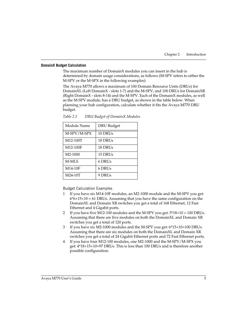 Domainx budget calculation, Budget calculation examples, Dru budget of domainx modules | Avaya M770 User Manual | Page 15 / 38