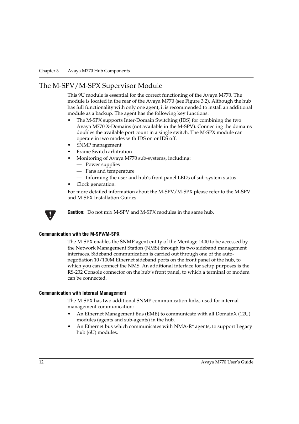 The m-spv/m-spx supervisor module, Communication with the m-spv/m-spx, Communication with internal management | Avaya M770 User Manual | Page 22 / 38