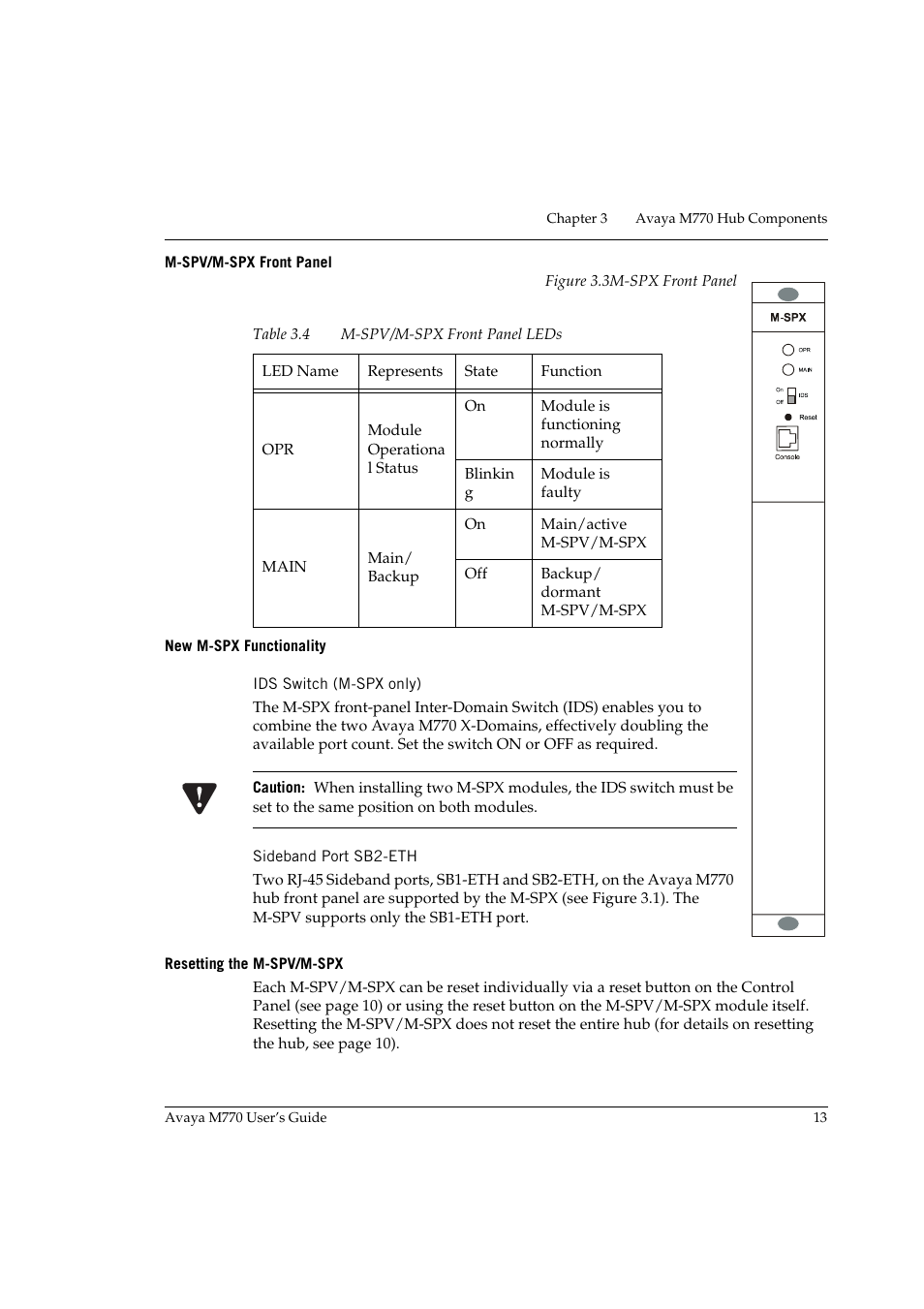 M-spv/m-spx front panel, New m-spx functionality, Ids switch (m-spx only) | Sideband port sb2-eth, Resetting the m-spv/m-spx, M-spx front panel, M-spv/m-spx front panel leds | Avaya M770 User Manual | Page 23 / 38