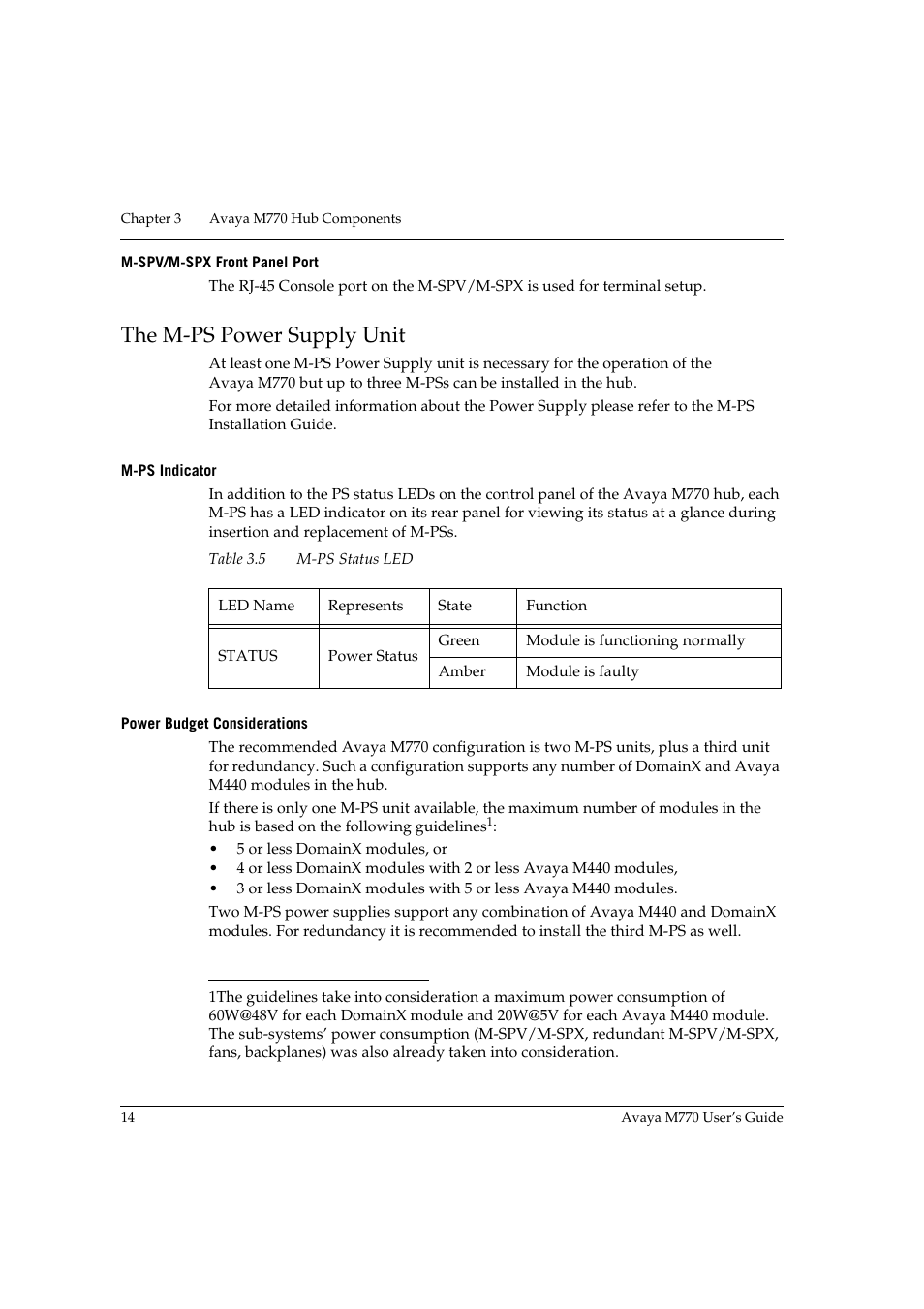 M-spv/m-spx front panel port, The m-ps power supply unit, M-ps indicator | Power budget considerations, M-ps indicator power budget considerations, M-ps status led | Avaya M770 User Manual | Page 24 / 38