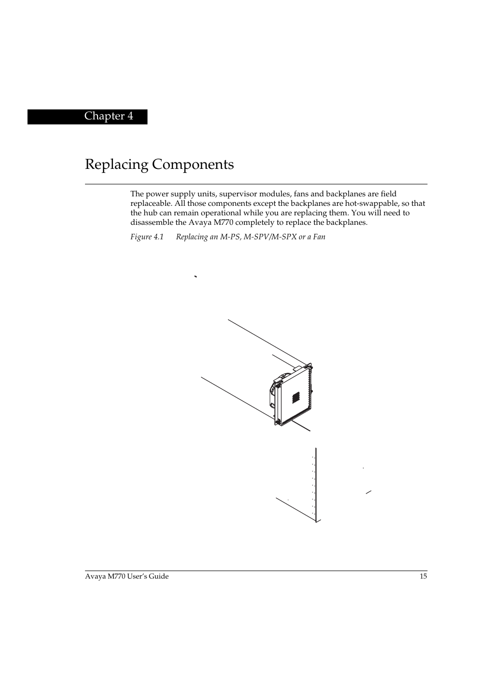 Replacing components, Chapter 4, Replacing an m-ps, m-spv/m-spx or a fan | Avaya M770 User Manual | Page 25 / 38