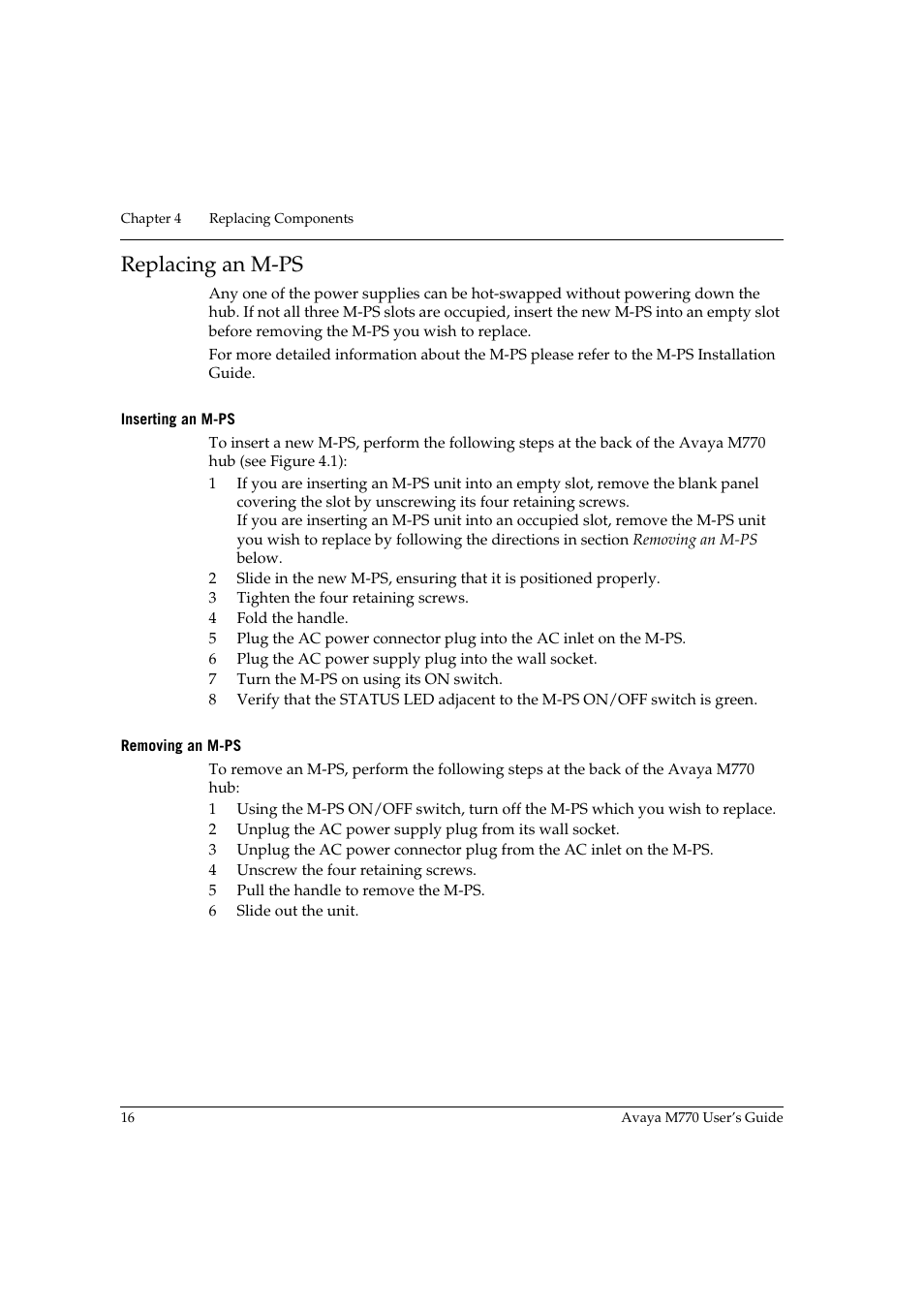 Replacing an m-ps, Inserting an m-ps, Removing an m-ps | Inserting an m-ps removing an m-ps | Avaya M770 User Manual | Page 26 / 38